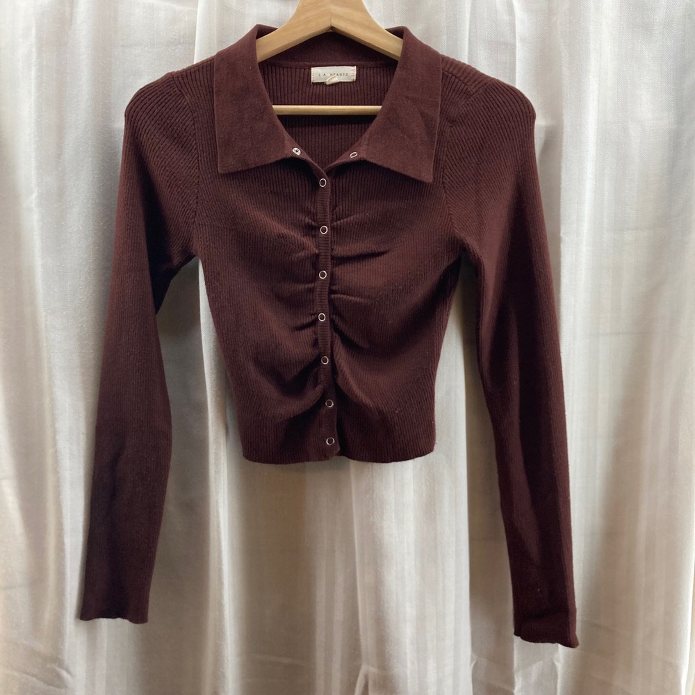 LA Hearts‎ Ribbed Collared Button Front Ruched Cropped Sweater Top Burgundy M